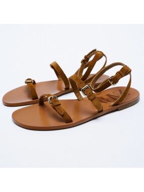 Zara Tan Buckled Suede Strap Sandals